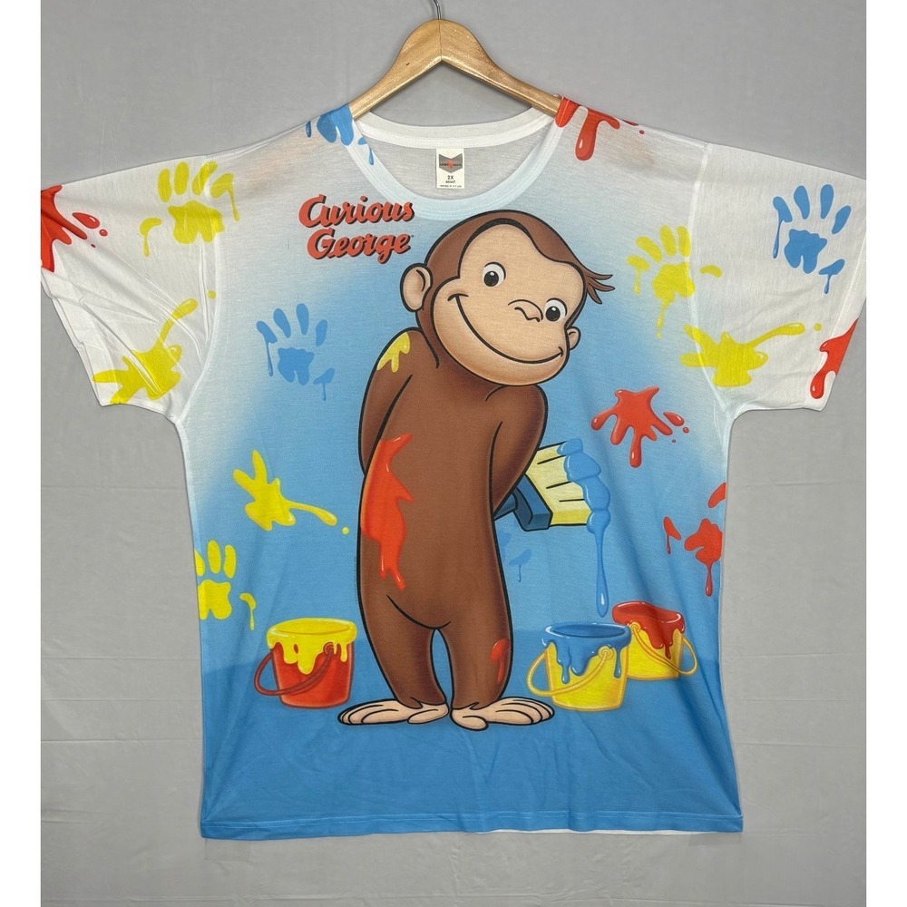 Curious George Monkey Paint All Over T-Shirt Mens White Blue XXL Y2K Logo Vision